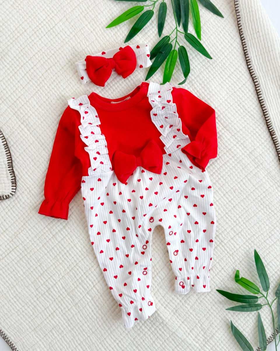 Kalpli fiyonklu bandanalı salopet görünümlü kız bebe tulum 