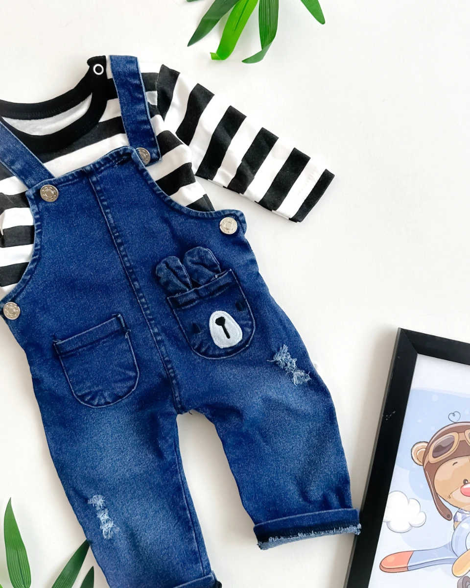 Siyah beyaz çizgili sweatshirt kot salopet takım 