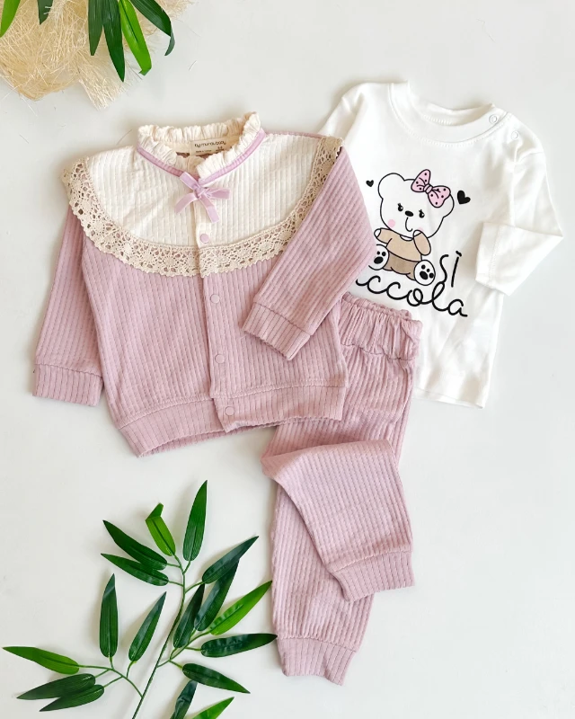 Fisto fiyonk detaylı hırkalı 3lü kız bebe takım