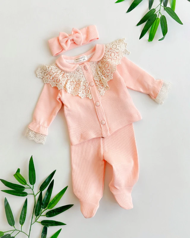 Fisto yakalı fiyonk bandanalı 3lü kız bebe takım