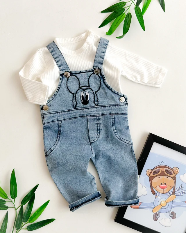 Şaşkın fare nakışlı mevsimlik kot salopet takım