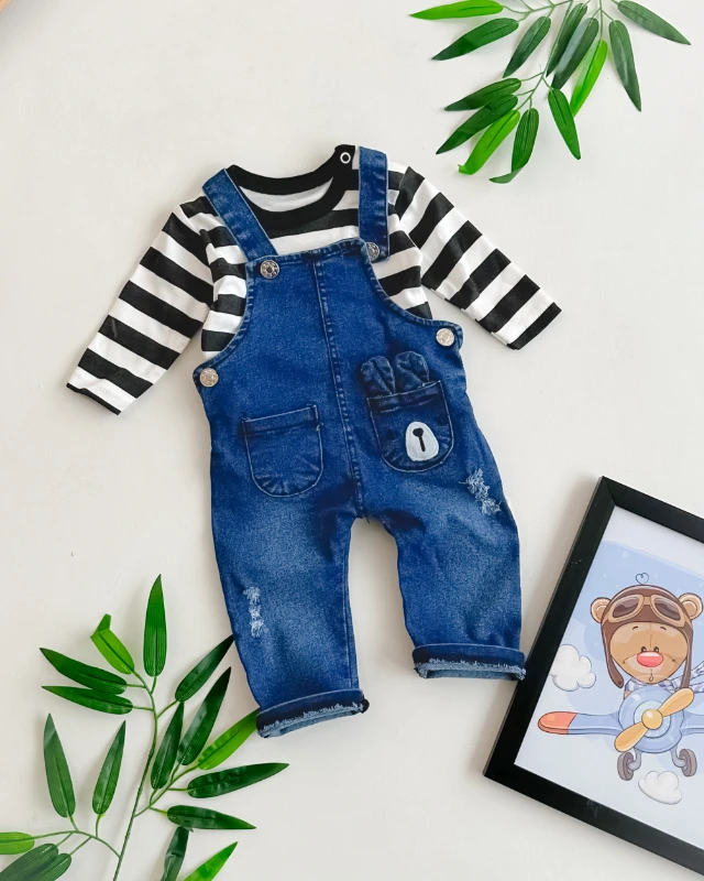 Siyah beyaz çizgili sweatshirt kot salopet takım