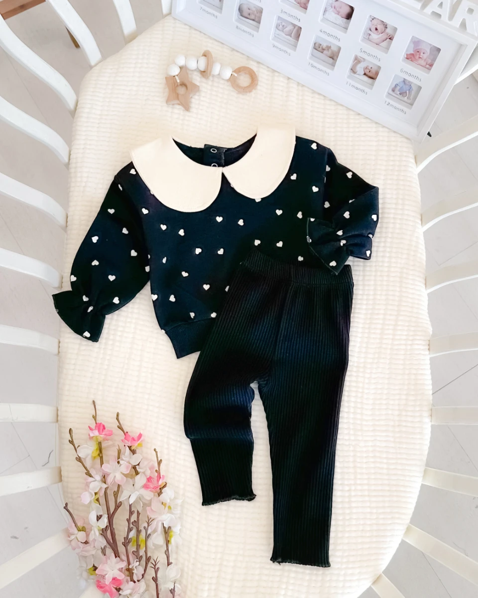 Beyaz minik kalpler baskılı bebe yaka fitilli tayt mevsimlik 2 parça takım 