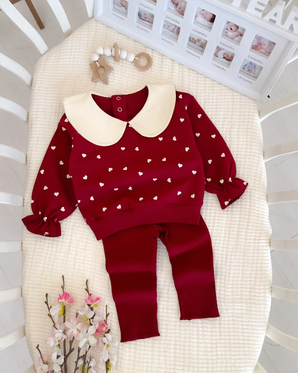 Beyaz minik kalpler baskılı bebe yaka fitilli tayt mevsimlik 2 parça takım