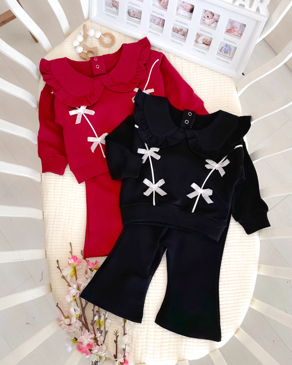 Kadife fiyonklu büyük yakalı arkadan çıtçıtlı mevsimlik 2 parça takım 