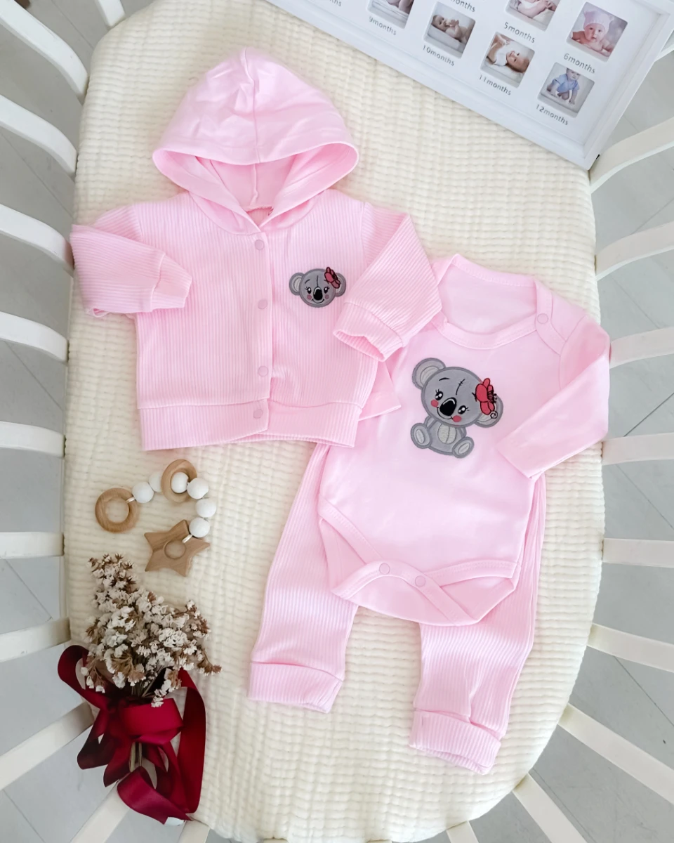 Pembe çiçekli koala nakışlı alttan çıtçıt badili kapüşon hırkalı 3 parça takım