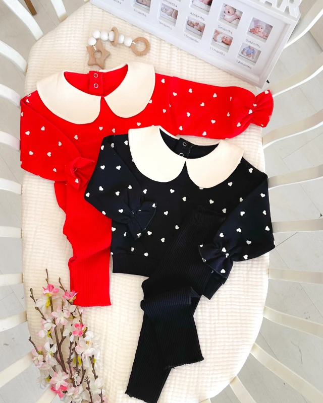 Beyaz minik kalpler baskılı bebe yaka fitilli tayt mevsimlik 2 parça takım