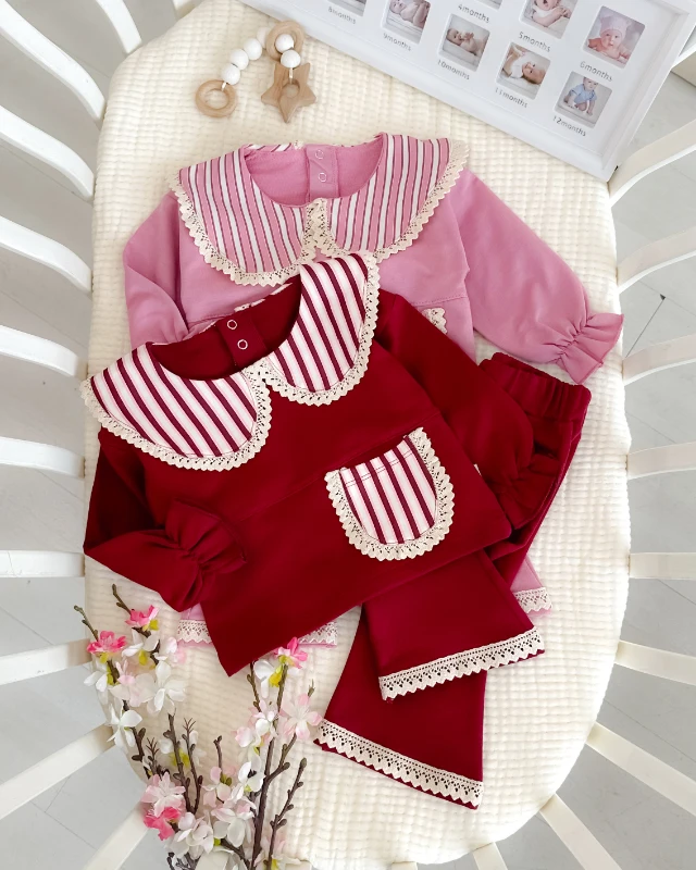 Çizgili yaka ve cep detaylı arkadan çıtçıtlı mevsimlik 2 parça takım