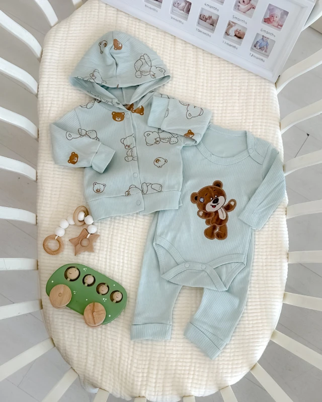 Gülümseyen kahve ayıcıklar baskılı kapüşon hırkalı 3 parça takım