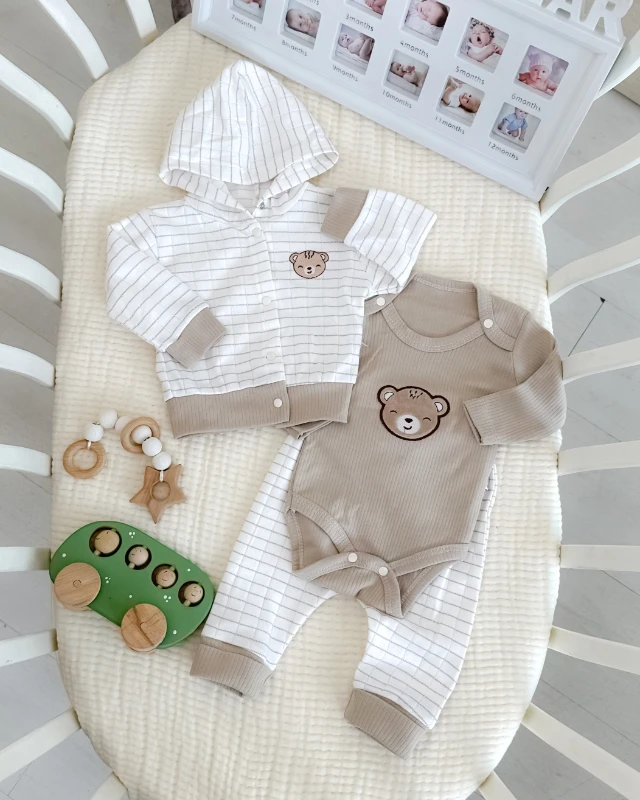 Şirin ayıcık nakışlı çizgili kapüşon hırkalı mevsimlik 3 parça takım