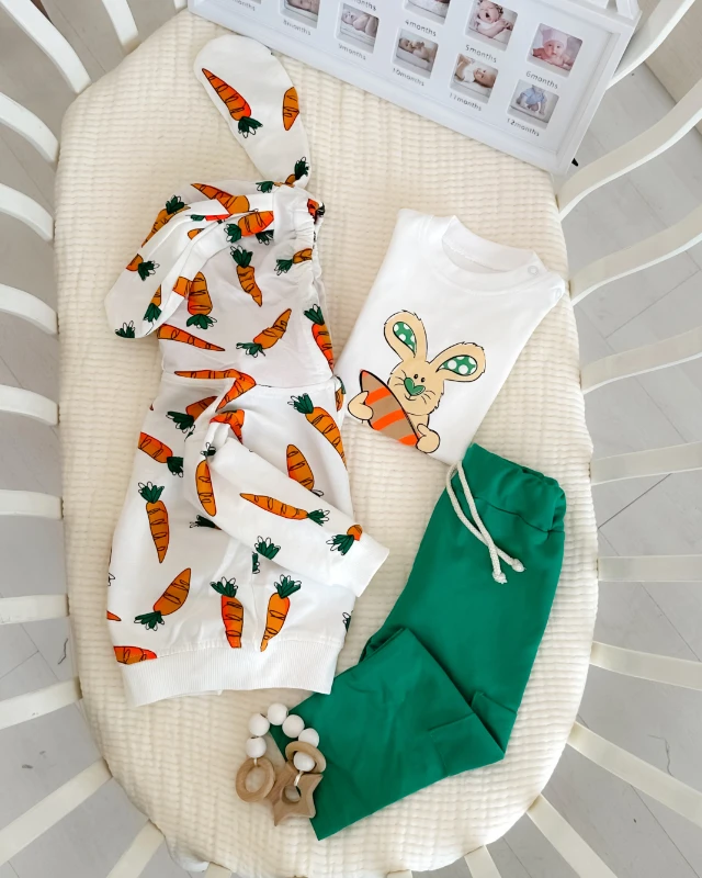 Şirin havuçlar baskılı uzun kulak kapüşon hırkalı mevsimlik 3 parça takım