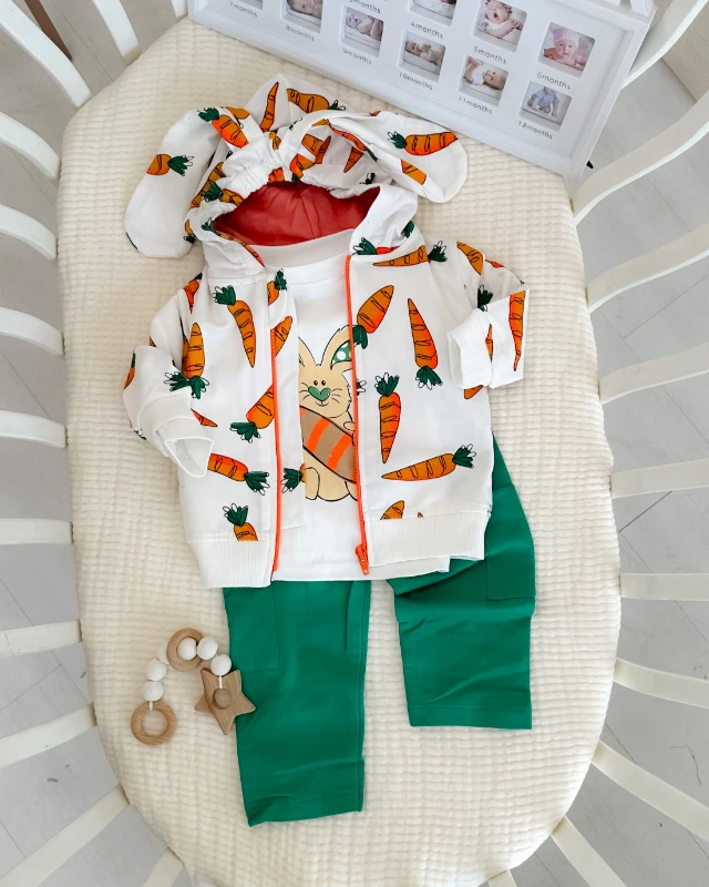 Şirin havuçlar baskılı uzun kulak kapüşon hırkalı mevsimlik 3 parça takım