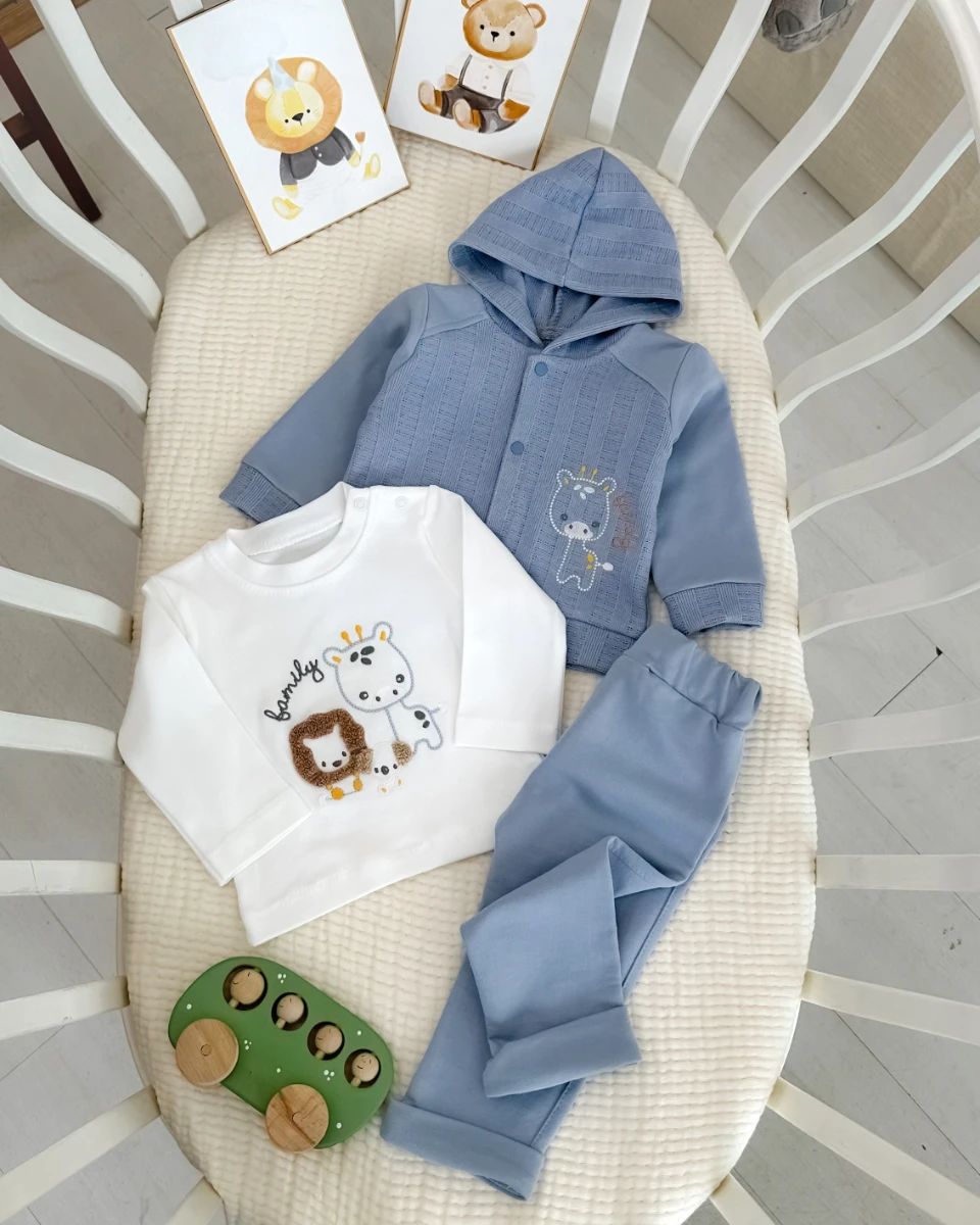 Minik hayvanlar ailesi kapüşon hırkalı mevsimlik 3 parça takım