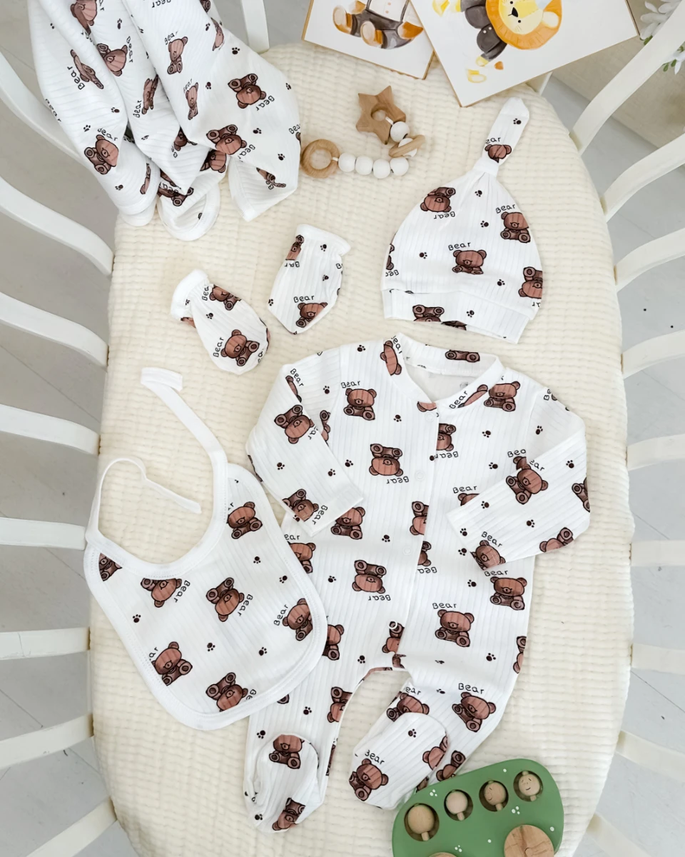 Minik Pati desen bear yazılı tulumlu 5 parça set 