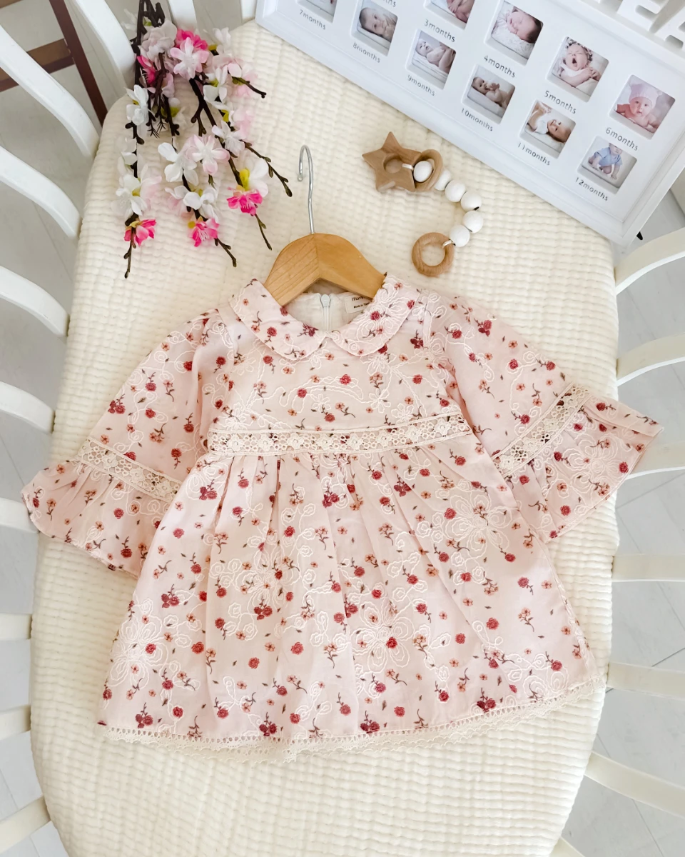 Minik renkli çiçekler ispanyol kol detay astarlı mevsimlik kumaş bayramlık elbise 