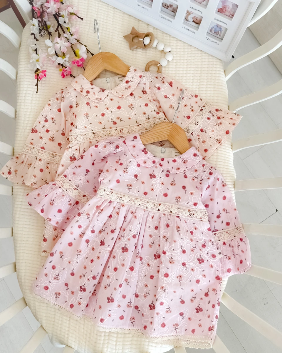 Minik renkli çiçekler ispanyol kol detay astarlı mevsimlik kumaş bayramlık elbise 