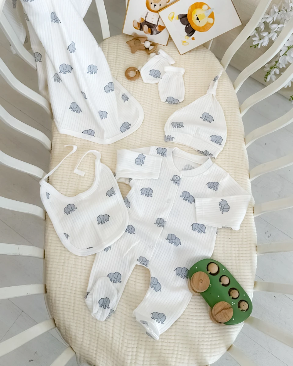 Minik şirin fil baskılı tulumlu 5 parça set  