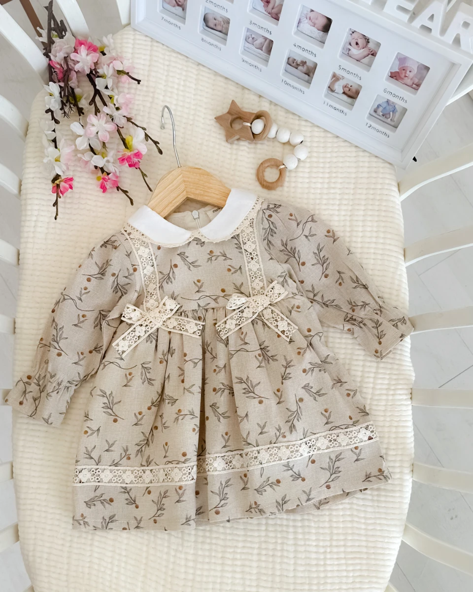 Zeytin dalı desen bebe yaka astarlı mevsimlik kumaş bayramlık elbise