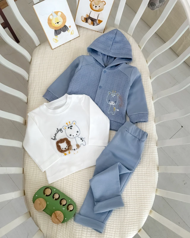 Minik hayvanlar ailesi kapüşon hırkalı mevsimlik 3 parça takım