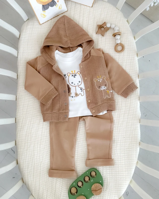 Minik hayvanlar ailesi kapüşon hırkalı mevsimlik 3 parça takım