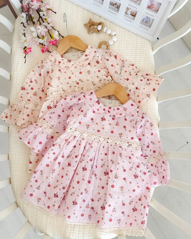 Minik renkli çiçekler ispanyol kol detay astarlı mevsimlik kumaş bayramlık elbise 