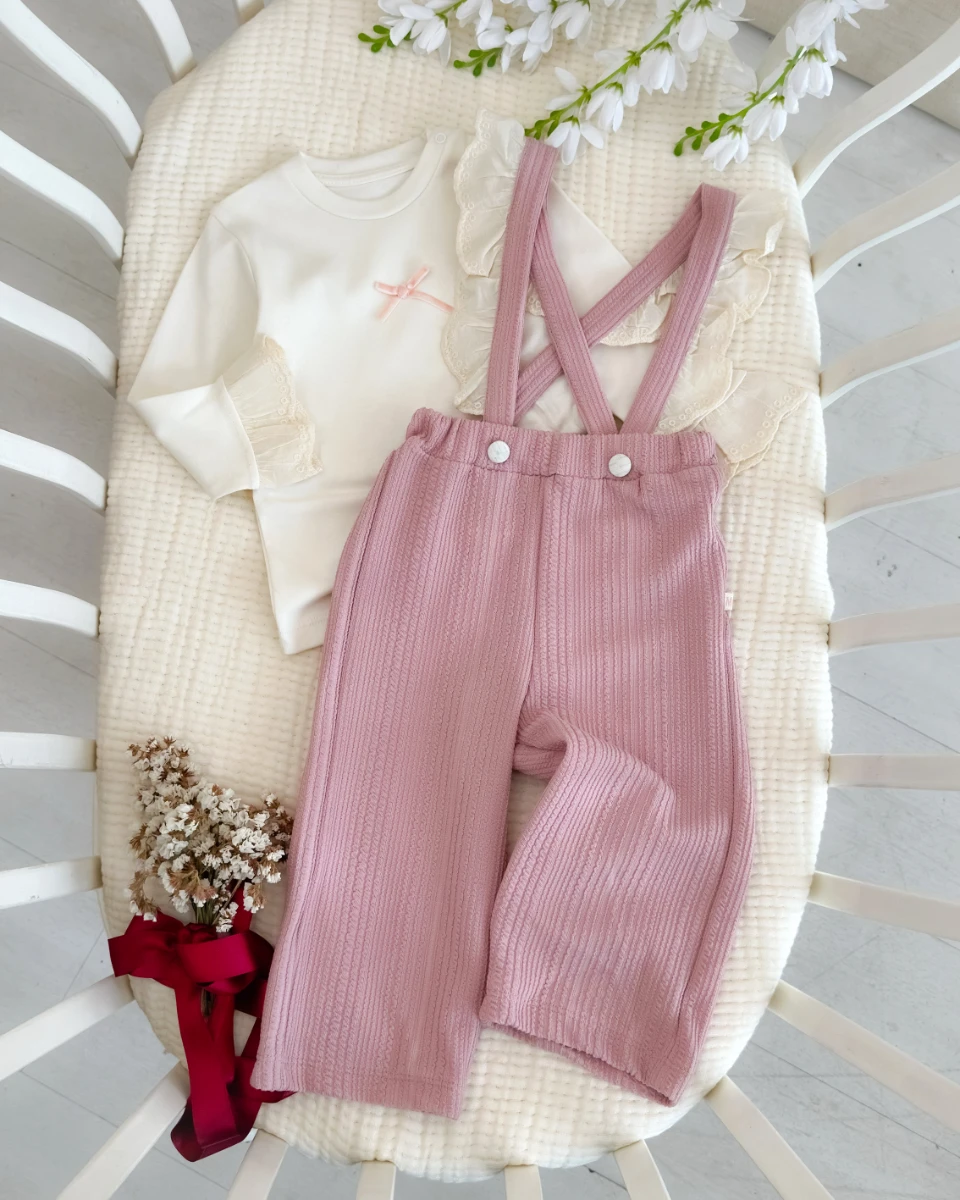 Fisto askılı salopet omuzdan çıtçıtlı sweat 2li bayramlık set