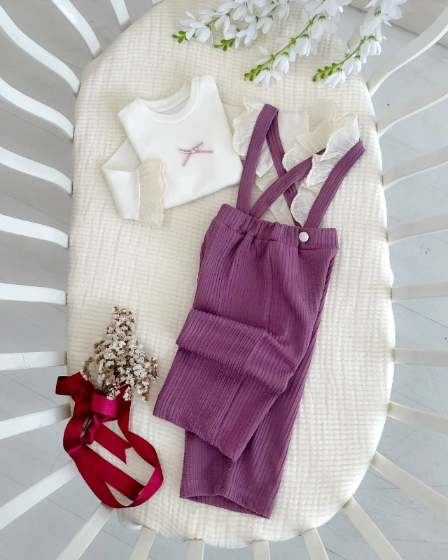 Fisto askılı salopet omuzdan çıtçıtlı sweat 2li bayramlık set