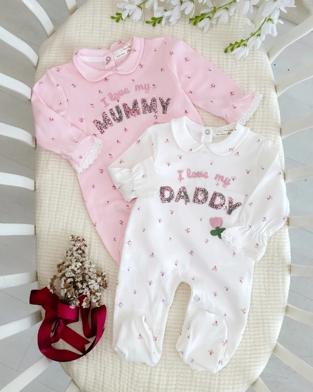 Mammy daddy işleme detaylı minik çiçekler baskılı 2li tulum set