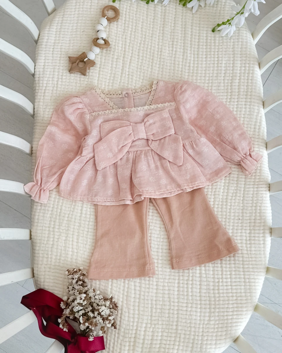 Balon kol büyük fiyonk detaylı mevsimlik 2 parça takım