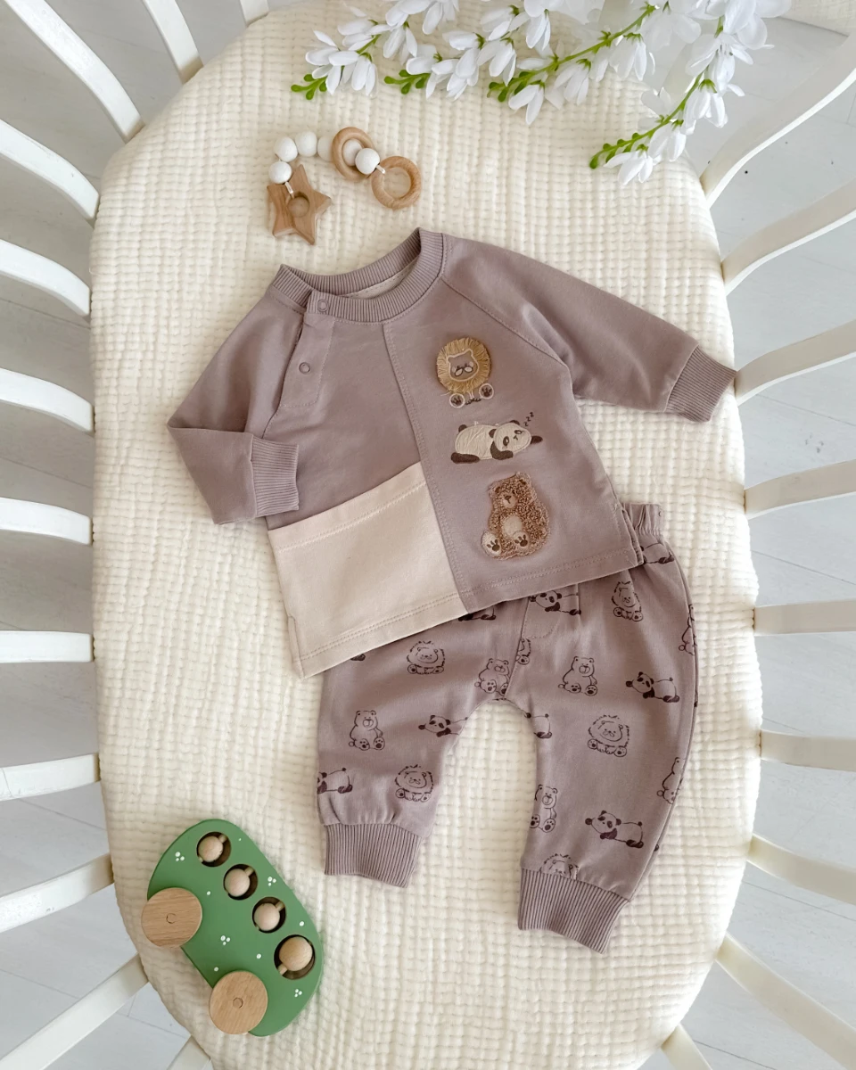 Büyük cep detaylı sevimli hayvanlar punch mevsimlik 2 parça takım