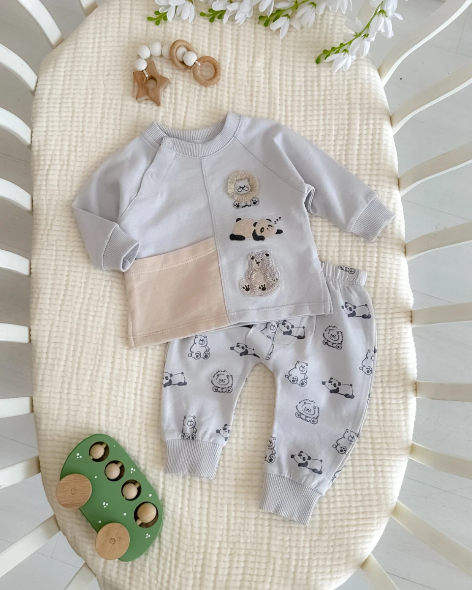 Büyük cep detaylı sevimli hayvanlar punch mevsimlik 2 parça takım 