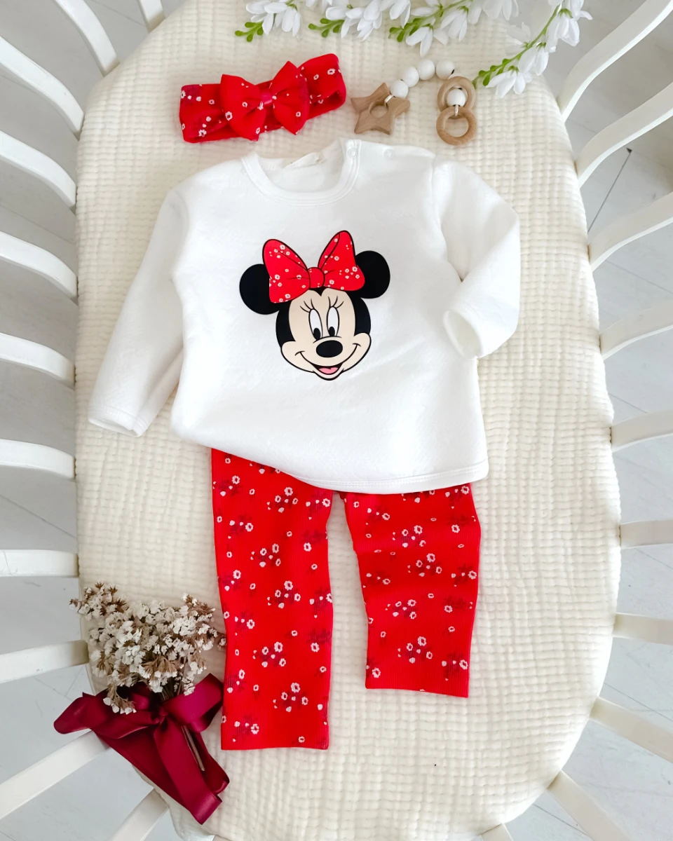 Çiçek bandanalı mickey baskılı omuzdan çıtçıtlı mevsimlik 2 parça takım