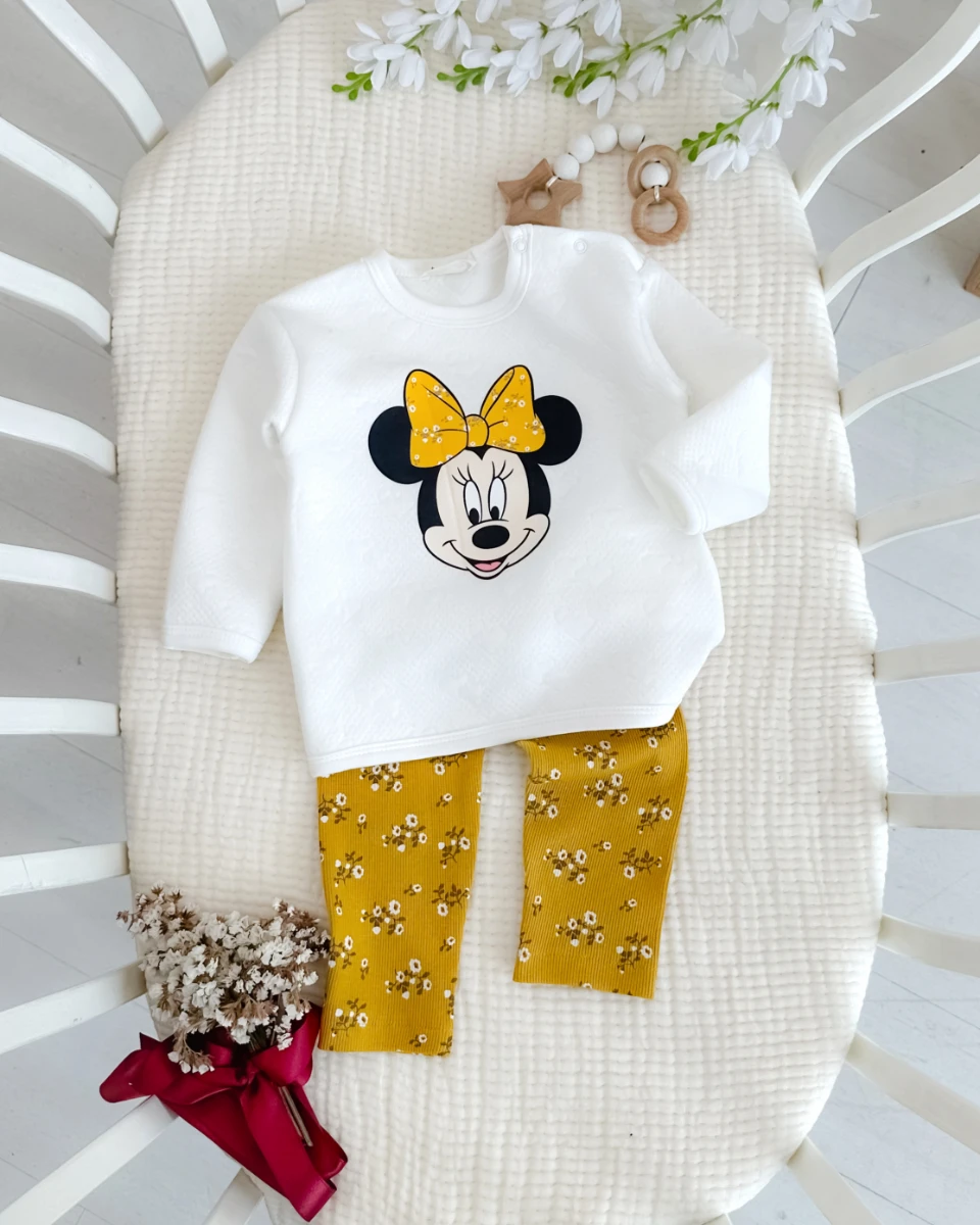 Çiçek bandanalı mickey baskılı omuzdan çıtçıtlı mevsimlik 2 parça takım
