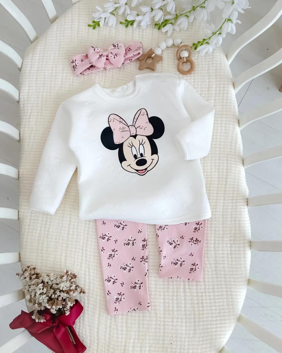 Çiçek bandanalı mickey baskılı omuzdan çıtçıtlı mevsimlik 2 parça takım 