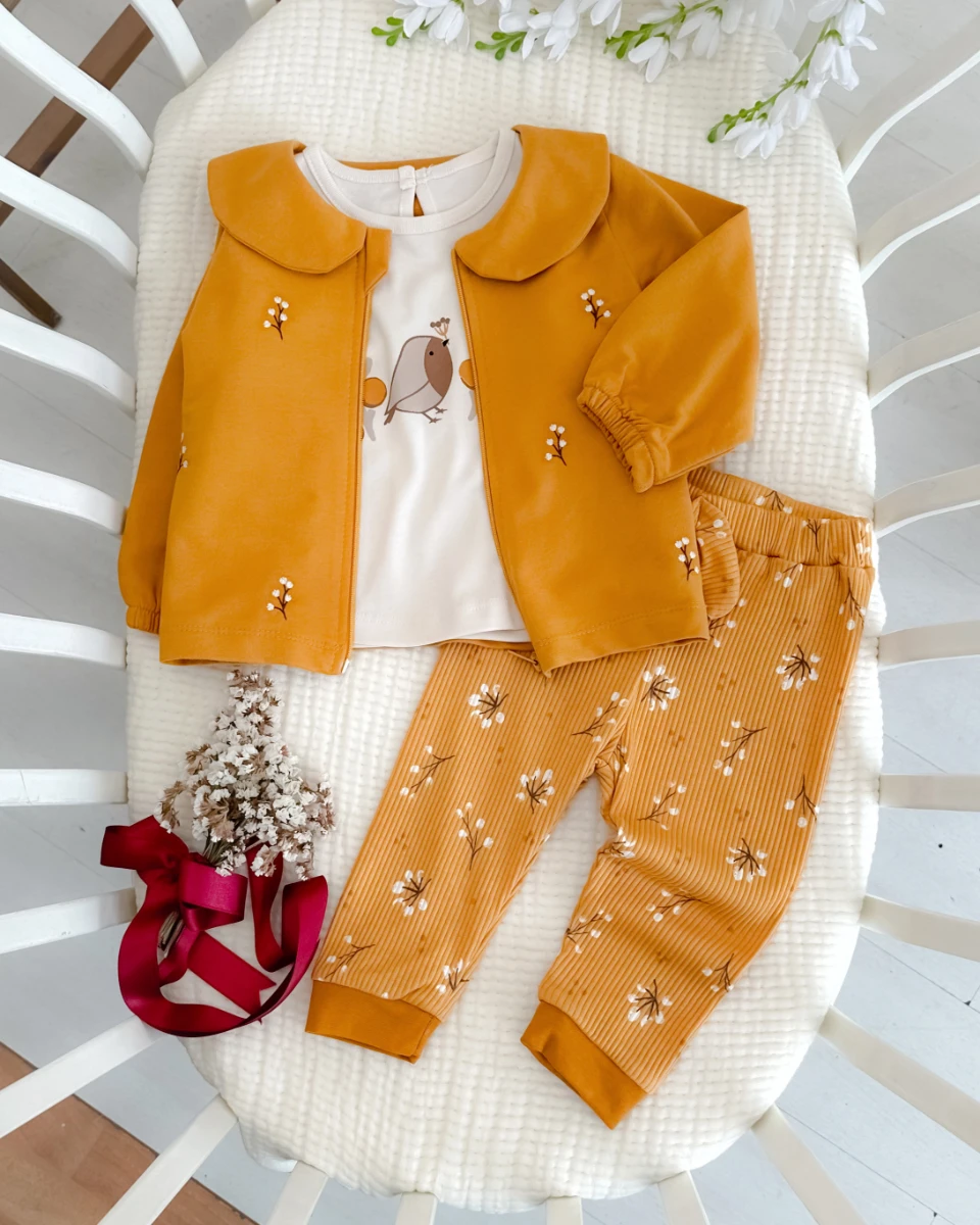 Kuş ve pamuk dalları  hırkalı mevsimlik 3 parça takım