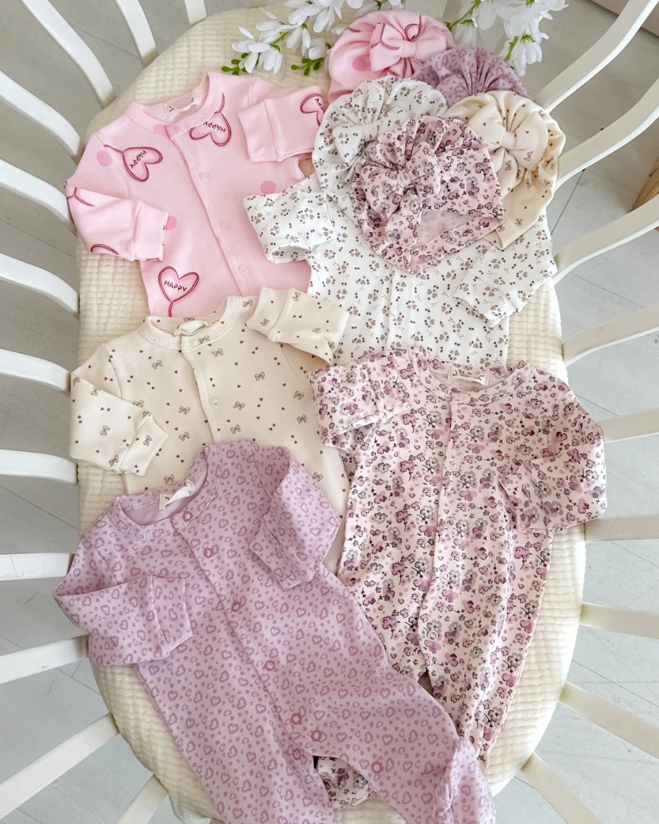 Masal dünyası boydan çıtçıtlı ayaklı mevsimlik penye kumaş yenidoğan 5li tulum set  