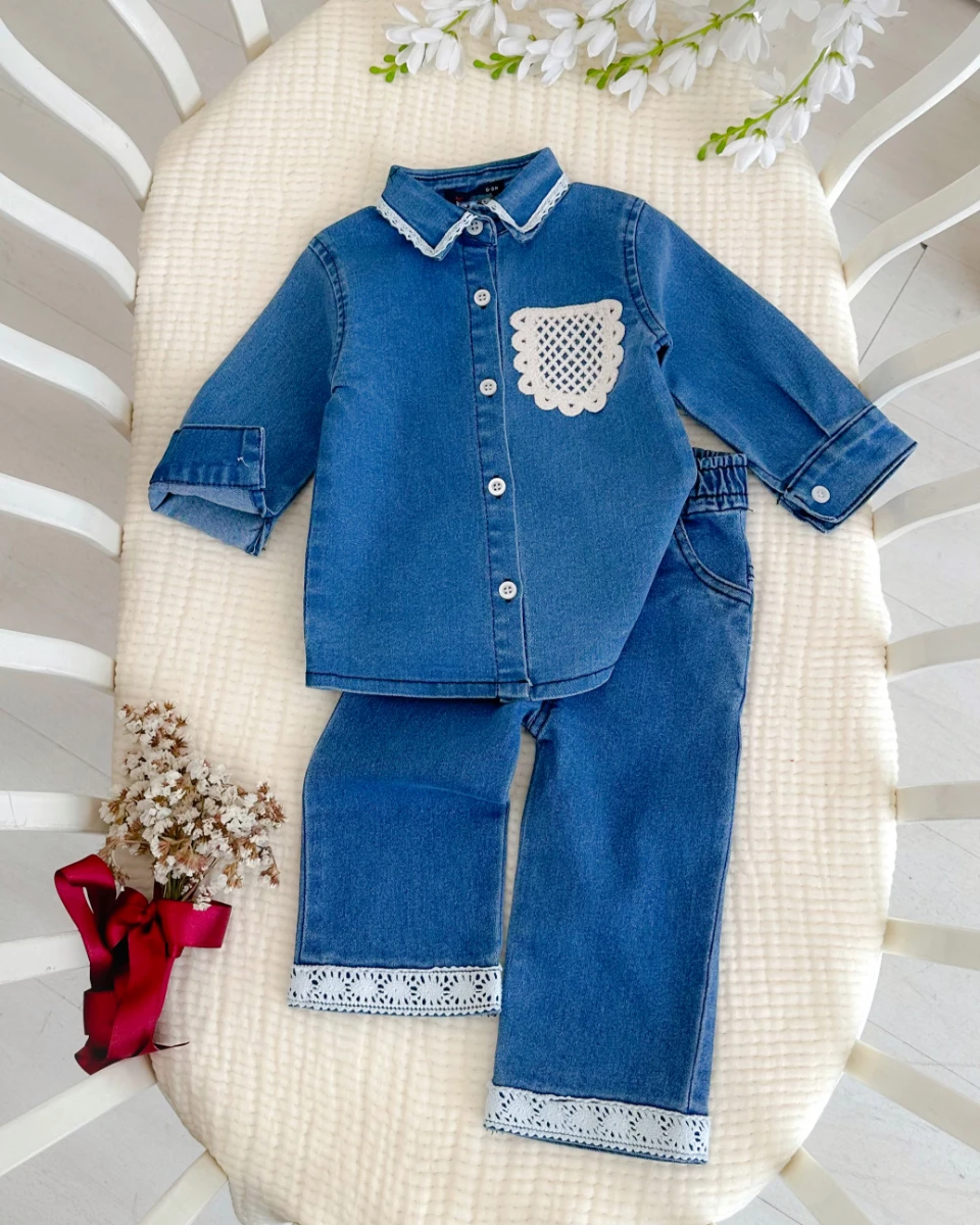 Motif detay cepli lastik bel pantolonlu mevsimlik kot 2li takım  