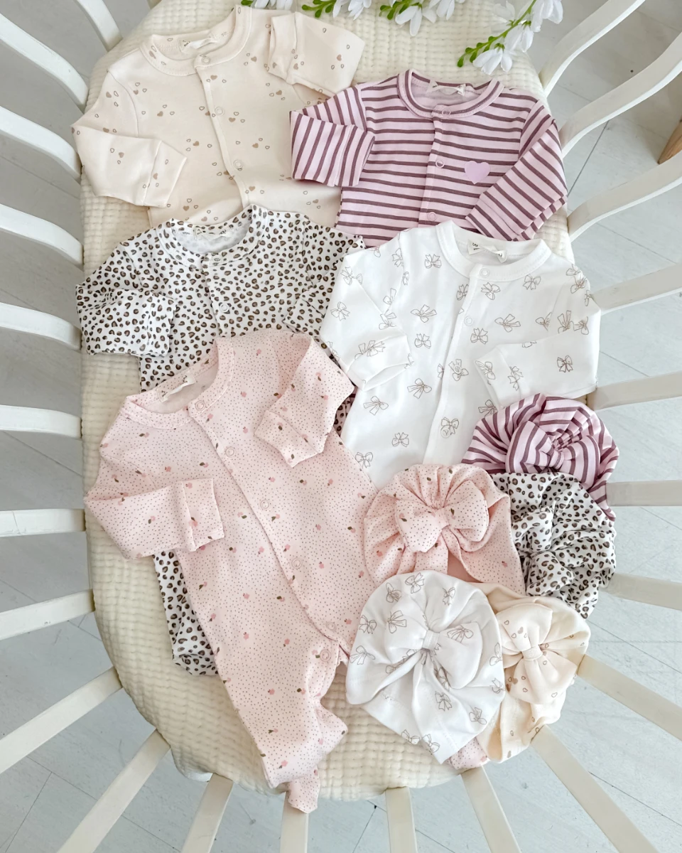 Sevgi bahçesi boydan çıtçıtlı ayaklı mevsimlik penye kumaş yenidoğan 5li tulum set  