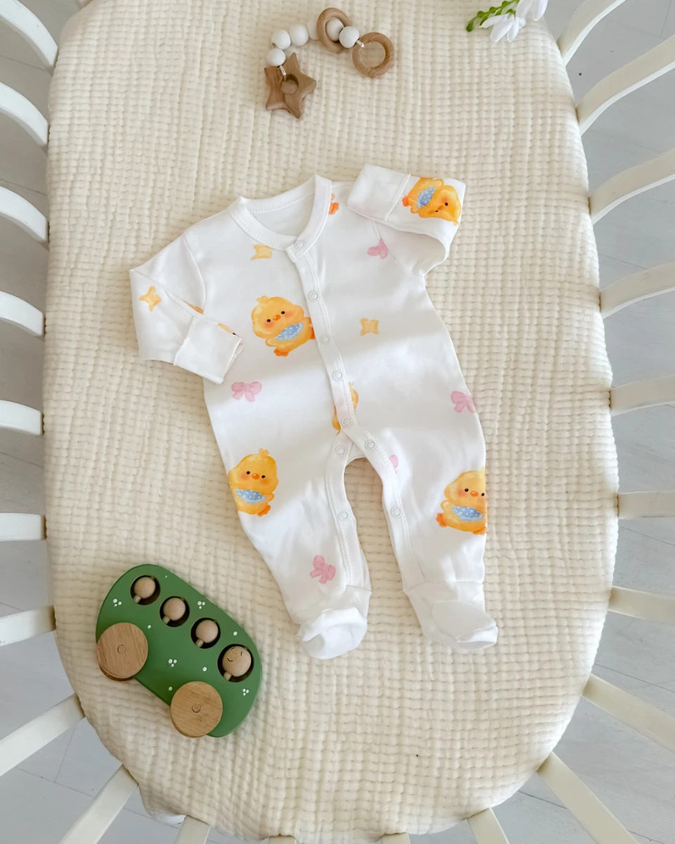 Tombul civciv baskılı boydan çıtçıtlı kendinden eldivenli ayaklı tulum