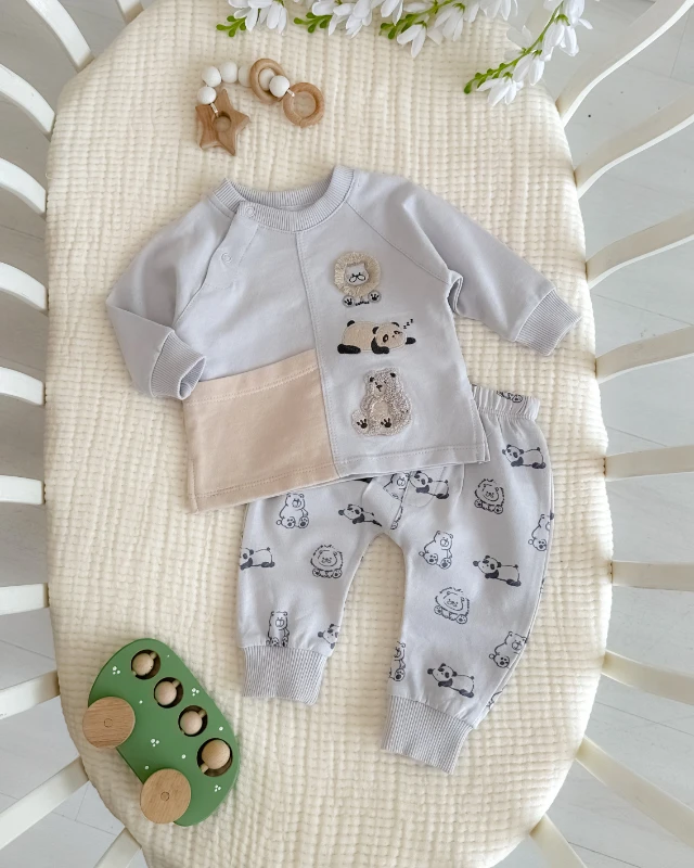 Büyük cep detaylı sevimli hayvanlar punch mevsimlik 2 parça takım