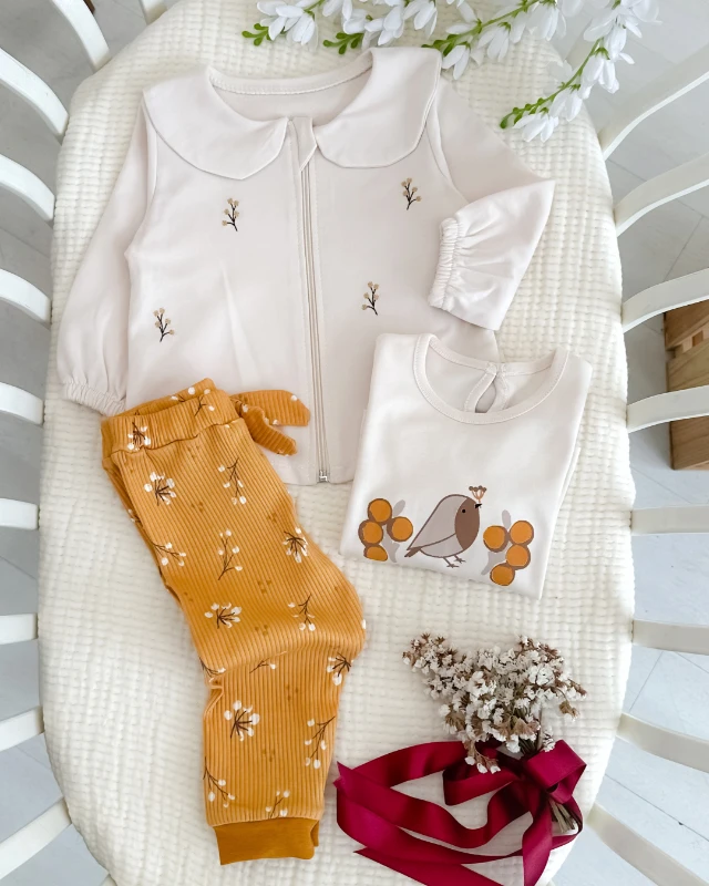 Kuş ve pamuk dalları  hırkalı mevsimlik 3 parça takım