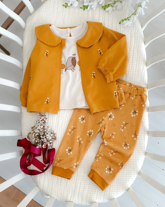 Kuş ve pamuk dalları  hırkalı mevsimlik 3 parça takım