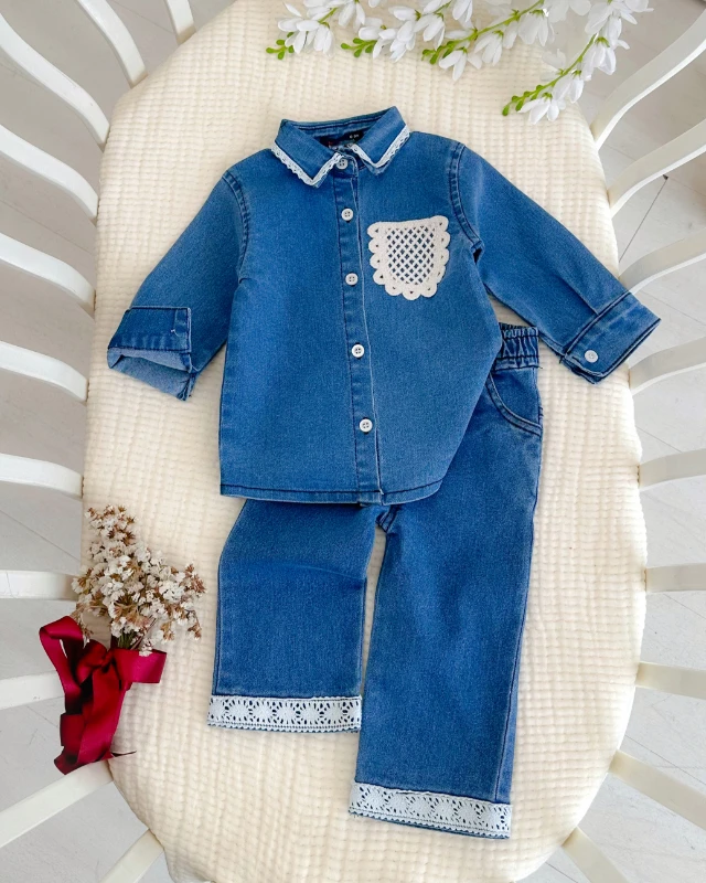 Motif detay cepli lastik bel pantolonlu mevsimlik kot 2li takım 