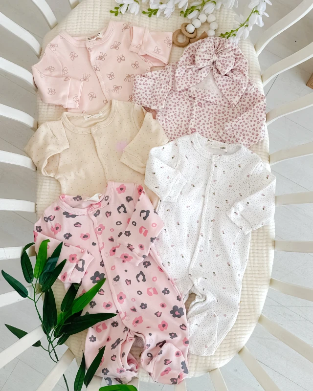 Renk cümbüşü boydan çıtçıtlı ayaklı mevsimlik penye kumaş yenidoğan 5li tulum set 