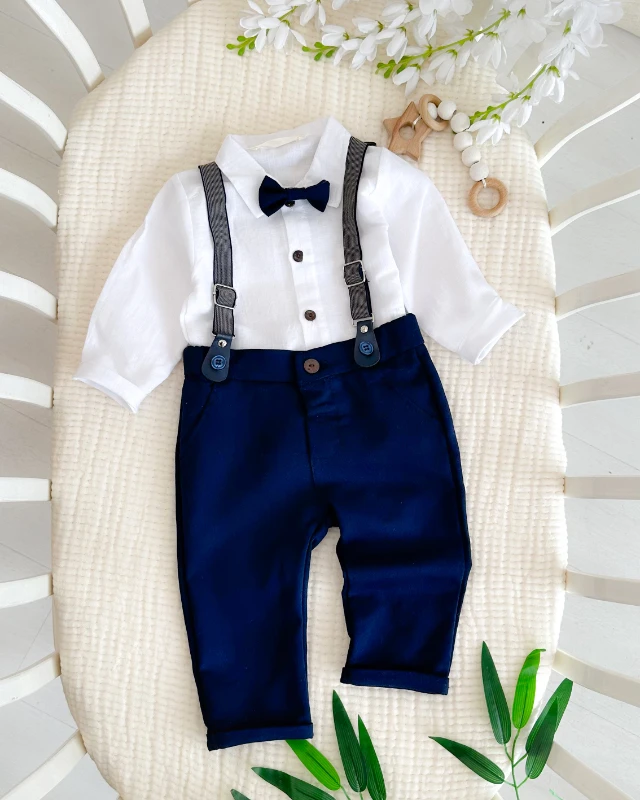 Tarz keten gömlekli çıkarılabilir papyon ve askılı bayramlık 3 parça takım