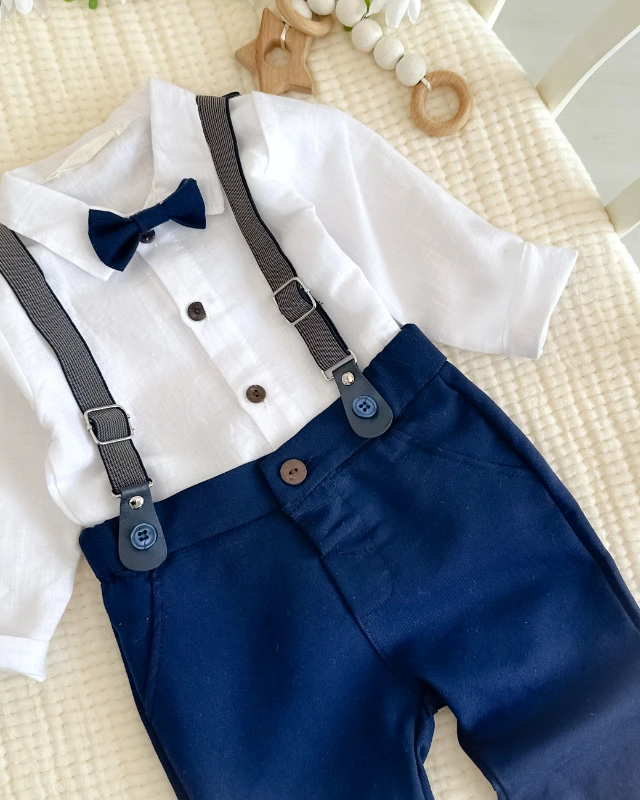 Tarz keten gömlekli çıkarılabilir papyon ve askılı bayramlık 3 parça takım