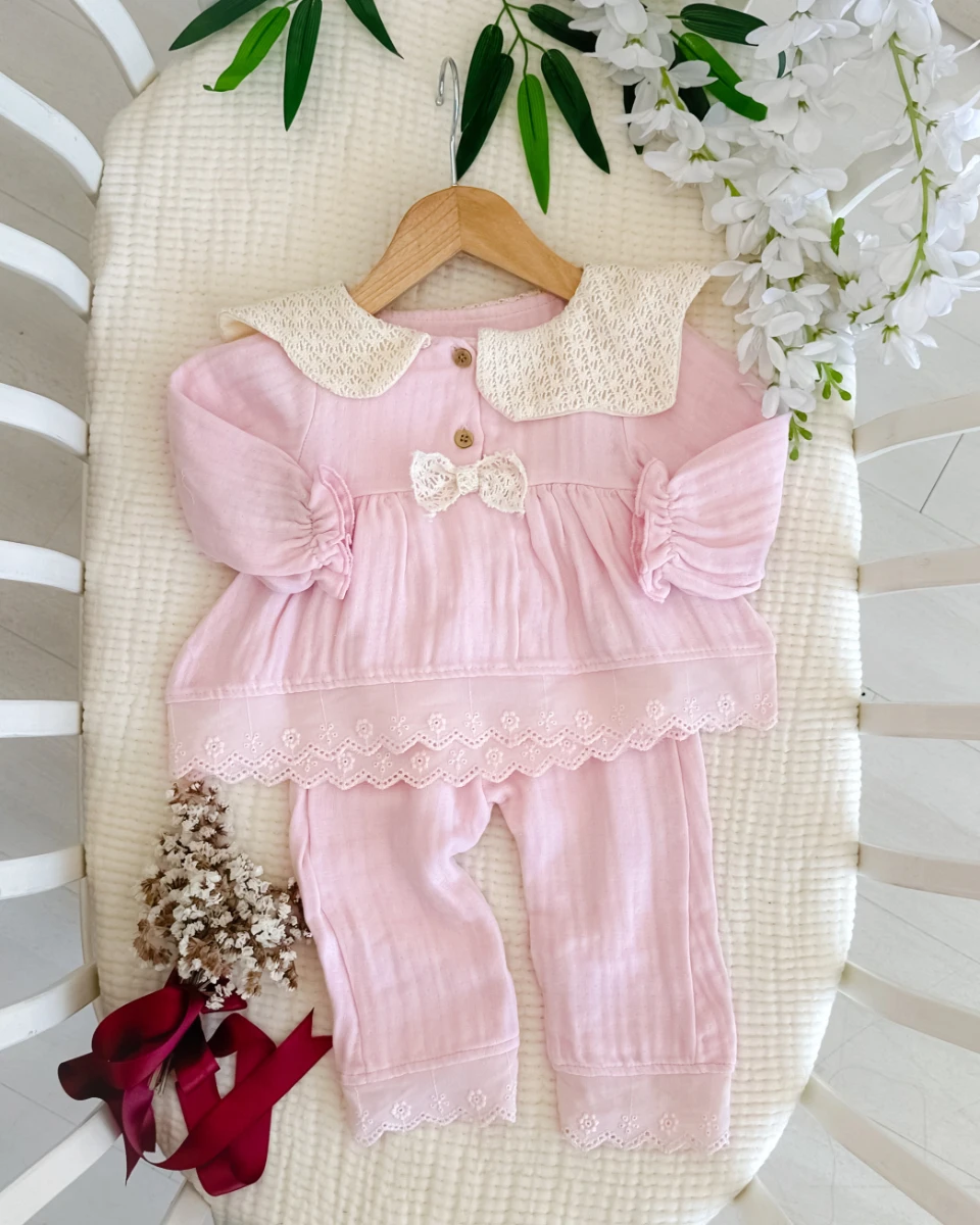 Begonvil çift kat muslin brode detay mevsimlik 2 parça bebe takım  