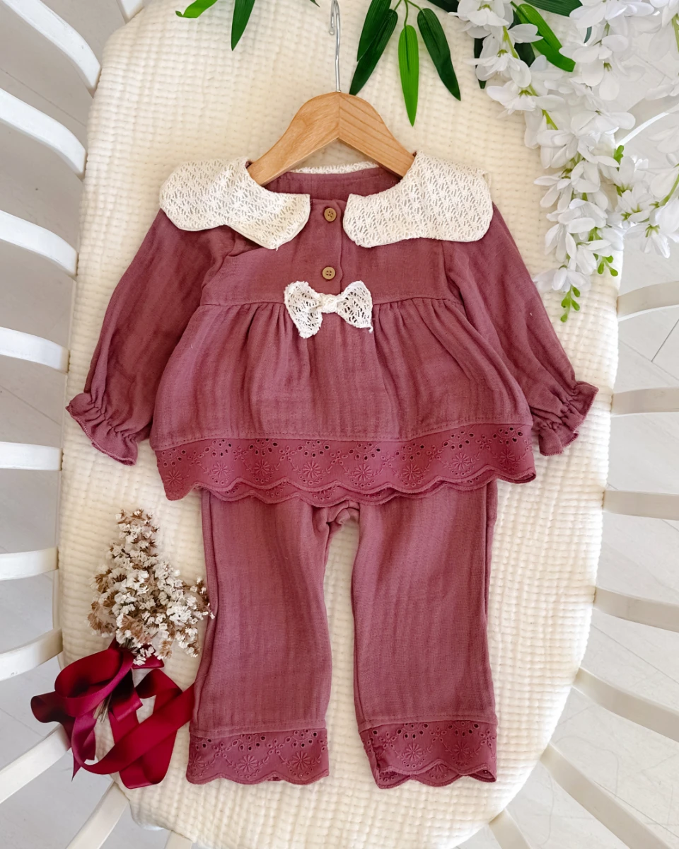 Begonvil çift kat muslin brode detay mevsimlik 2 parça bebe takım 