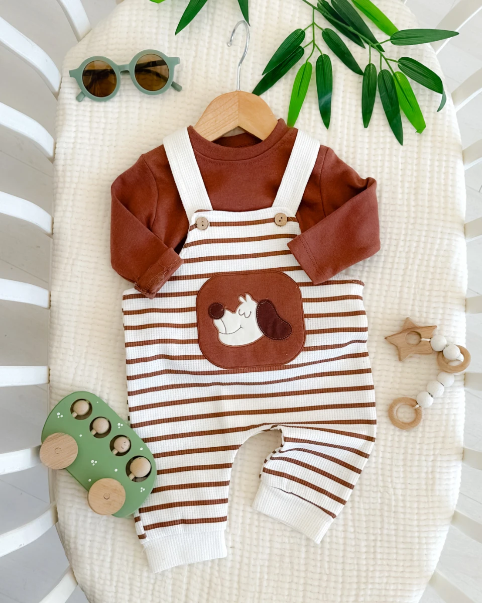 Çizgili köpekçik waffle kumaş mevsimlik 2 parça salopet set 