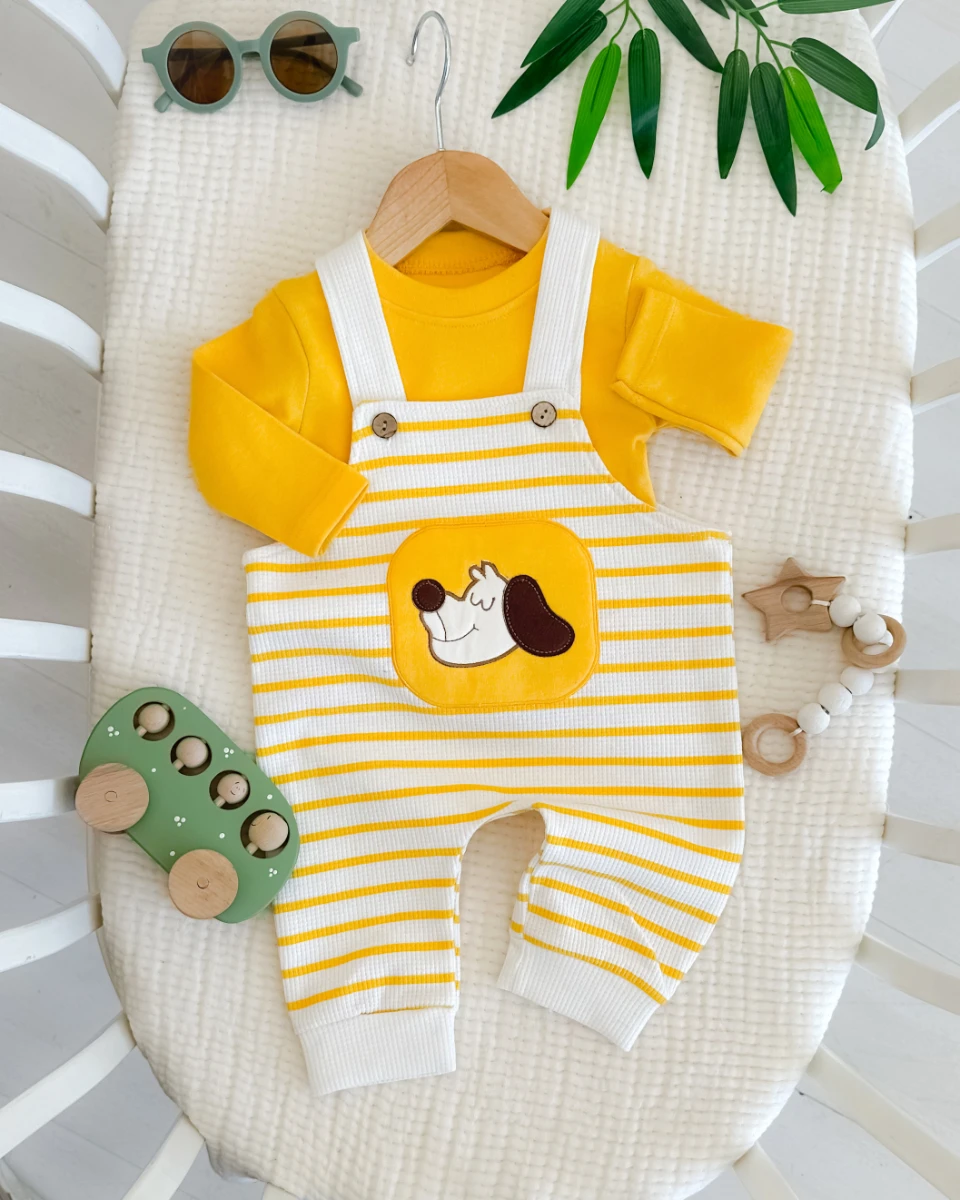 Çizgili köpekçik waffle kumaş mevsimlik 2 parça salopet set 